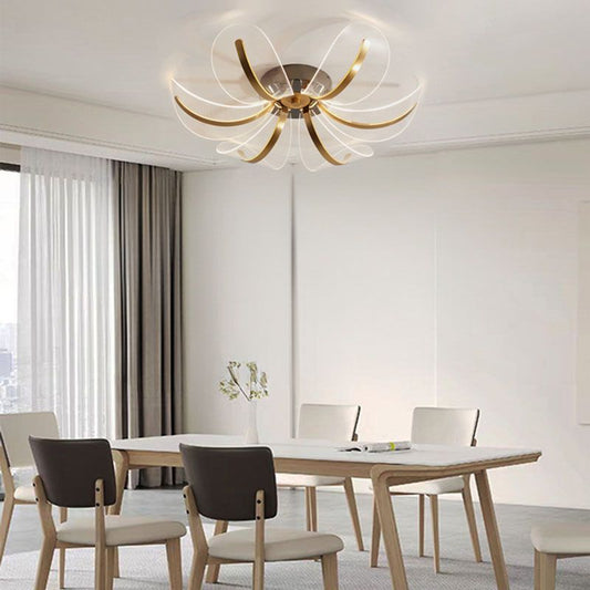 Jusole Lights - Blossom (Ceiling) - acrylic LED ceiling light with petal-like translucent shades in brushed gold, three color temperatures, 6/8/12 heads, dimmable via wall switch or remote control.