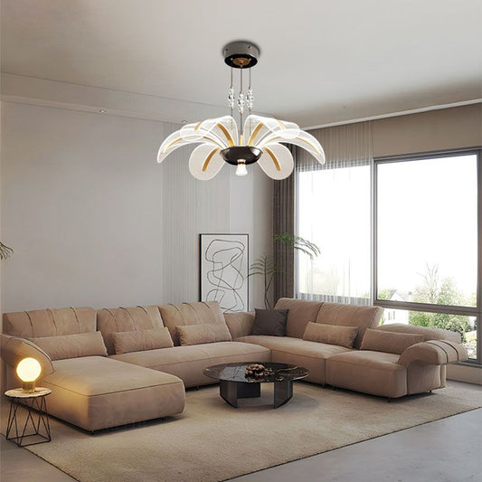 Blossom - acrylic LED pendant light with petal-like translucent shades in brushed gold, three color temperatures, dimmable remote & wall-switch control.