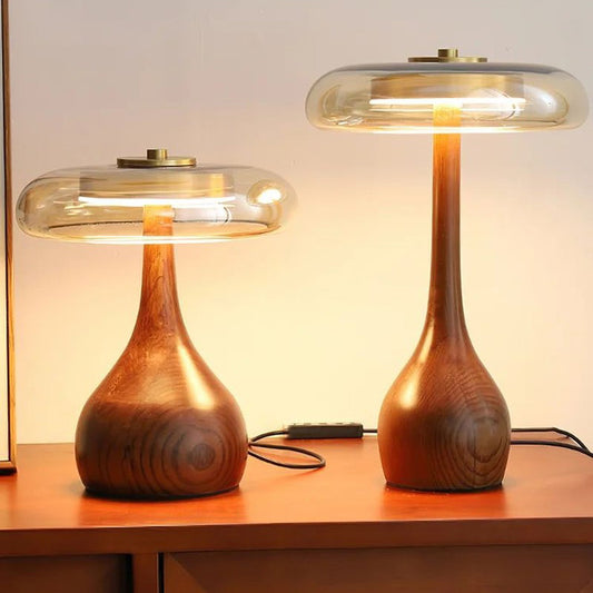 Baobab - retro table lamp with solid wood base and clear glass shade, Nordic modern design ideal for bedrooms, living rooms, and reading nooks.