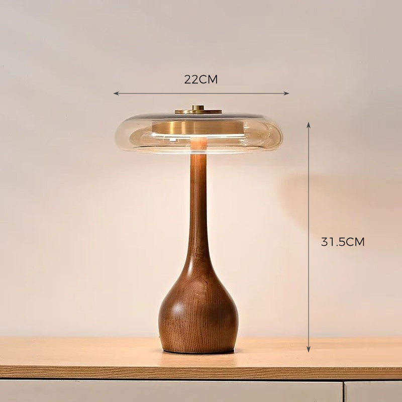 Baobab - retro table lamp with solid wood base and clear glass shade, Nordic modern design ideal for bedrooms, living rooms, and reading nooks.