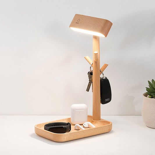 Nova Nordic Sleek Key Holder Mini Table Lamp with magnetic base, walnut/beech wood, 4000K LED light. Ideal for desks, shelves, or entryways.