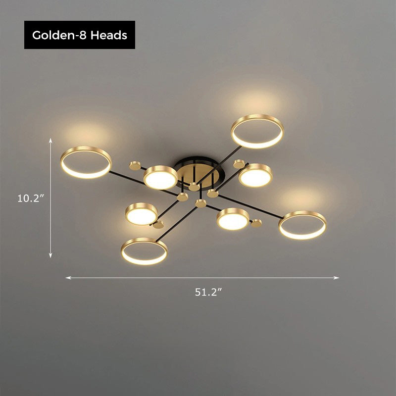 Orbis ceiling light by Jusole Lights - modern design, black and golden aluminum ring frames, shown in 4, 6, and 8 head variations, glowing in warm and cool white light.