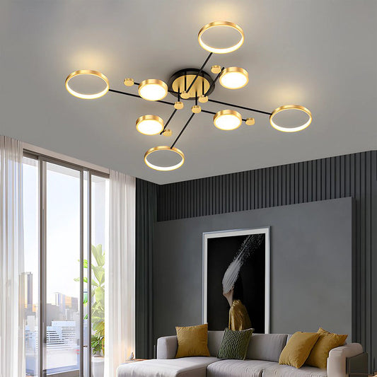 Orbis ceiling light by Jusole Lights - modern design, black and golden aluminum ring frames, shown in 4, 6, and 8 head variations, glowing in warm and cool white light.