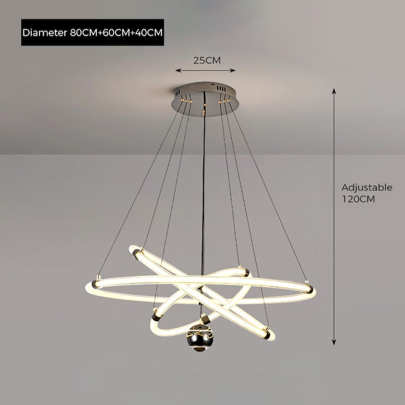Orbita modern pendant light with acrylic rings, stepless dimming, 3 color temperatures, and 150cm adjustable suspension, ideal for living rooms, dining areas, and creative spaces.