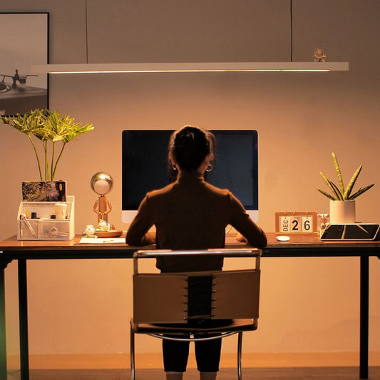 Penumbra - Modern black and white pine wood LED light fixture with versatile control options: hand-sweep sensor, remote control, and wall switch. Adjustable color temperatures - warm light, neutral light, and white light - for customizable ambiance.