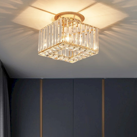 Prisma crystal ceiling light in black or gold, featuring K9 crystal and metal. LED E27 with three color temperatures, perfect for hallway, kitchen, or balcony lighting.