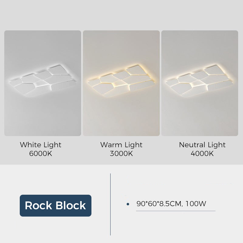 Jusole Lights – Serenity – Modern ceiling light in Clover and Rock Block styles, available in 5 sizes. Features semi-flush mount, tri-color LED, acrylic diffuser, iron frame, and remote-controlled color temperature and brightness adjustment.