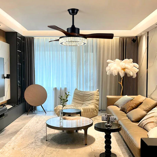 Vortex Modern crystal ceiling fan light with ABS blades in black or walnut finish, K9 crystal shade, tri-color stepless dimming, ultra-quiet 32dB design, and contemporary style for home interiors.