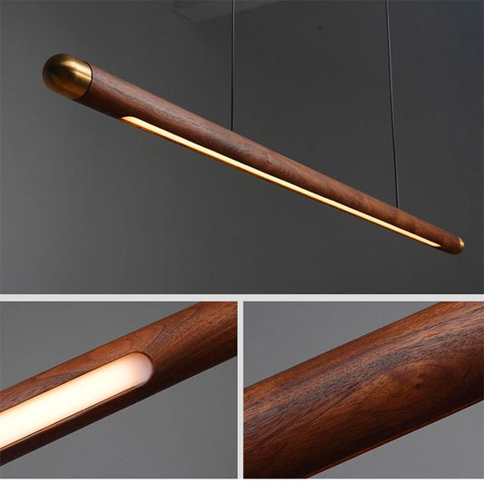 Vylis Pendant Light: 110cm circular Black Walnut rod with copper-rounded corners, minimalist design, adjustable warm/neutral/white lighting. Ideal for kitchens, dining rooms, bedrooms, and studies.