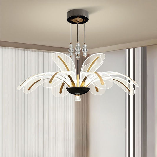 Blossom - acrylic LED pendant light with petal-like translucent shades in brushed gold, three color temperatures, dimmable remote & wall-switch control.