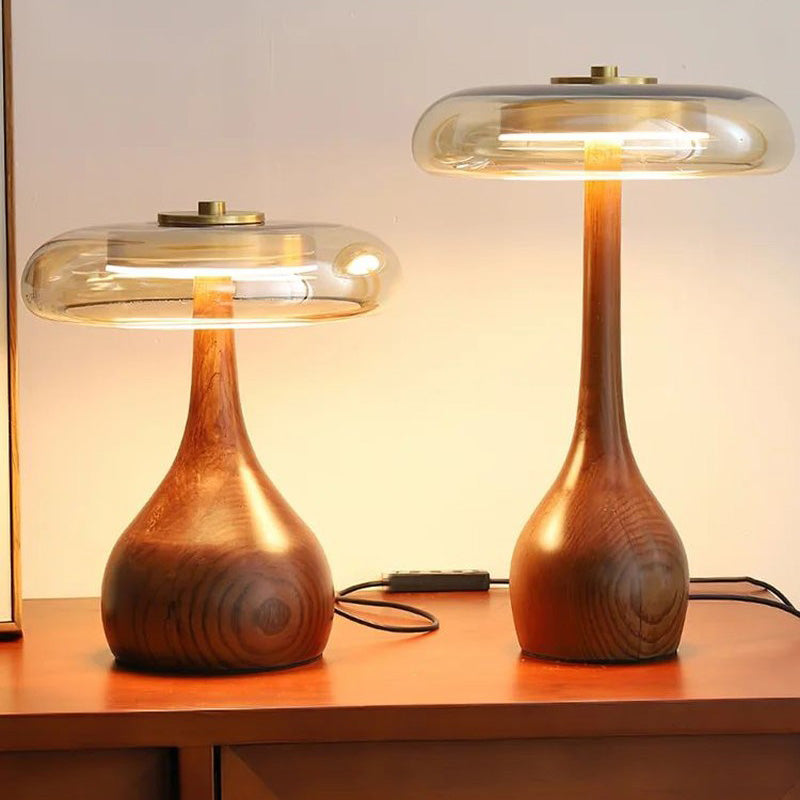 Baobab - retro table lamp with solid wood base and clear glass shade, Nordic modern design ideal for bedrooms, living rooms, and reading nooks.