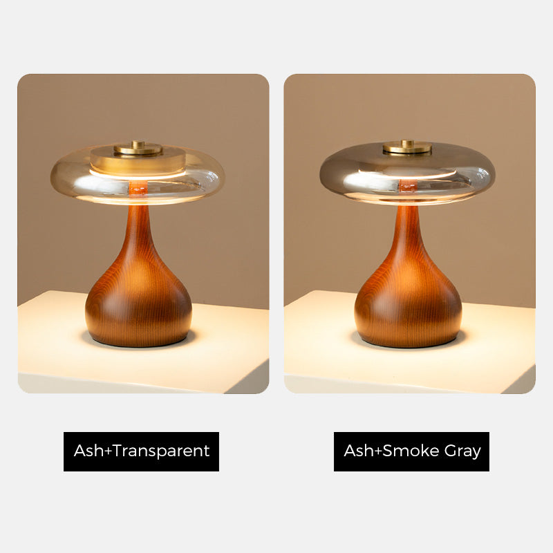 Baobab - retro table lamp with solid wood base and clear glass shade, Nordic modern design ideal for bedrooms, living rooms, and reading nooks.