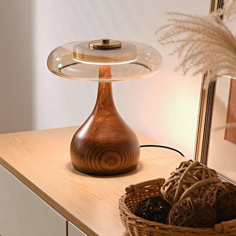 Baobab - retro table lamp with solid wood base and clear glass shade, Nordic modern design ideal for bedrooms, living rooms, and reading nooks.