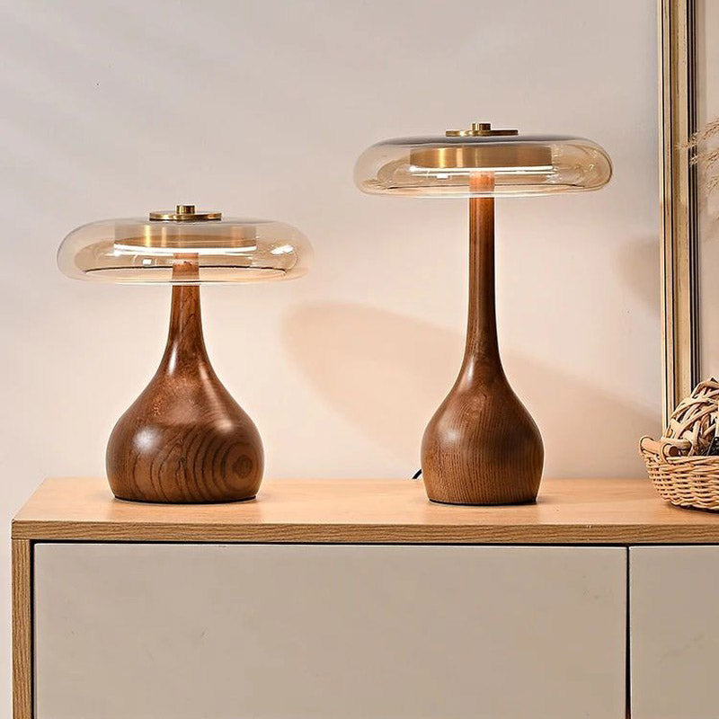 Baobab - retro table lamp with solid wood base and clear glass shade, Nordic modern design ideal for bedrooms, living rooms, and reading nooks.