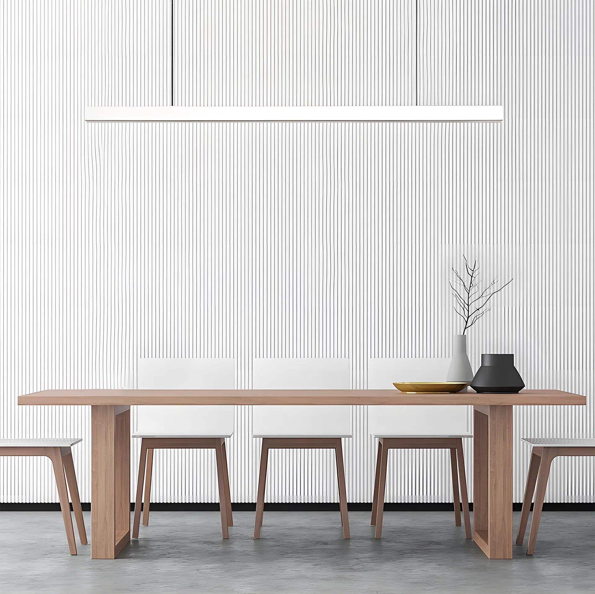 Jusole Lights - Penumbra - Modern wooden pendant light in black and white, handcrafted with a clean linear silhouette. Remote-controlled dimming and adjustable color temperatures (3000K-6000K) adapt to dining, kitchen, or workspace needs. 