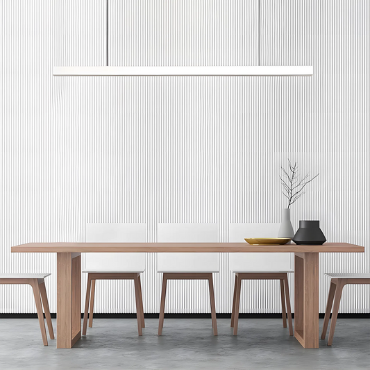Jusole Lights - Penumbra - Modern wooden pendant light in black and white, handcrafted with a clean linear silhouette. Remote-controlled dimming and adjustable color temperatures (3000K-6000K) adapt to dining, kitchen, or workspace needs. 