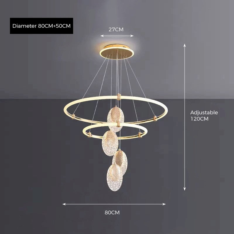 Celestia pendant light with golden aluminum frame and acrylic shades, dimmable with 3 color temperatures, perfect for living rooms, dining areas, and bedrooms.