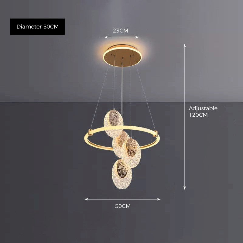Celestia pendant light with golden aluminum frame and acrylic shades, dimmable with 3 color temperatures, perfect for living rooms, dining areas, and bedrooms.
