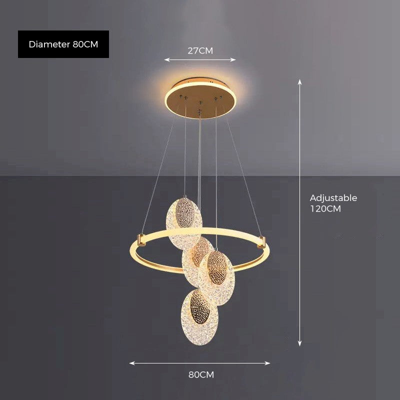 Celestia pendant light with golden aluminum frame and acrylic shades, dimmable with 3 color temperatures, perfect for living rooms, dining areas, and bedrooms.