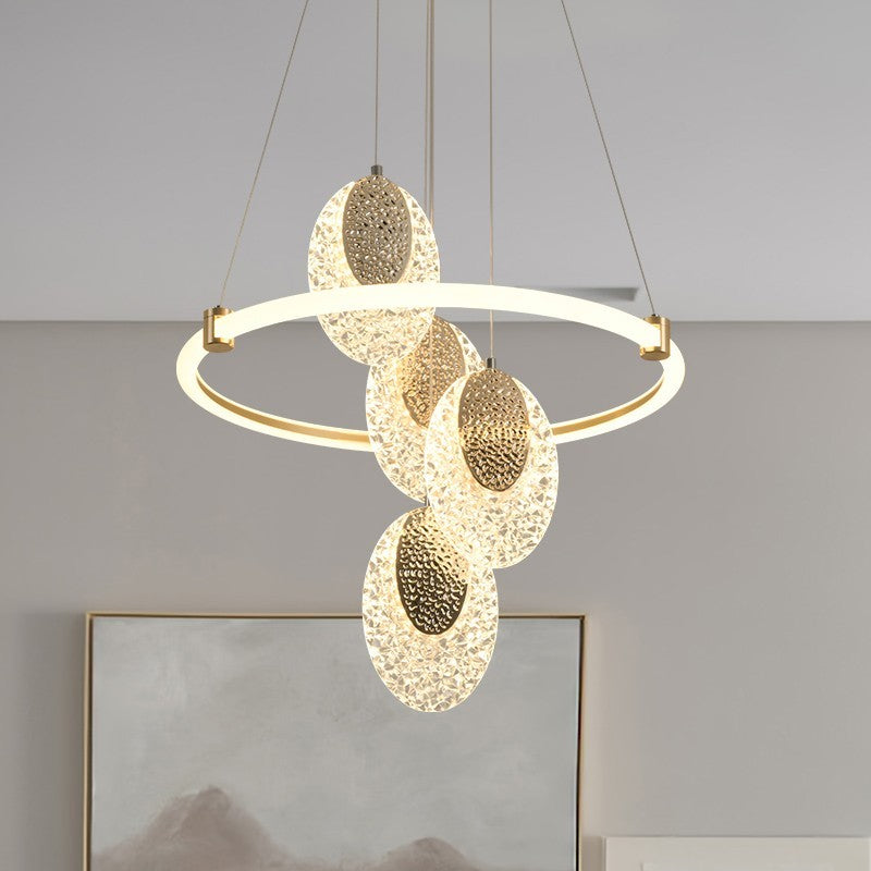 Celestia pendant light with golden aluminum frame and acrylic shades, dimmable with 3 color temperatures, perfect for living rooms, dining areas, and bedrooms.
