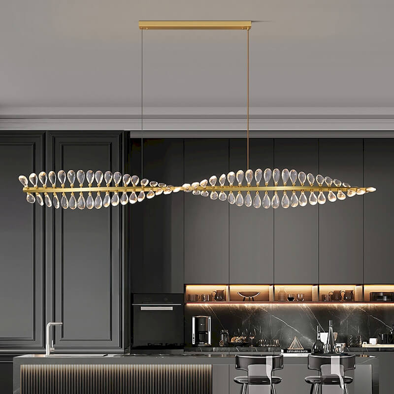 Chromosome Luxurious Modern Chandelier with full-brass body and K9 crystal shade, stepless dimming, inspired by chromosome shape, suitable for dining rooms, living areas, and hotels.