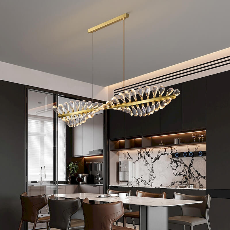 Chromosome Luxurious Modern Chandelier with full-brass body and K9 crystal shade, stepless dimming, inspired by chromosome shape, suitable for dining rooms, living areas, and hotels.