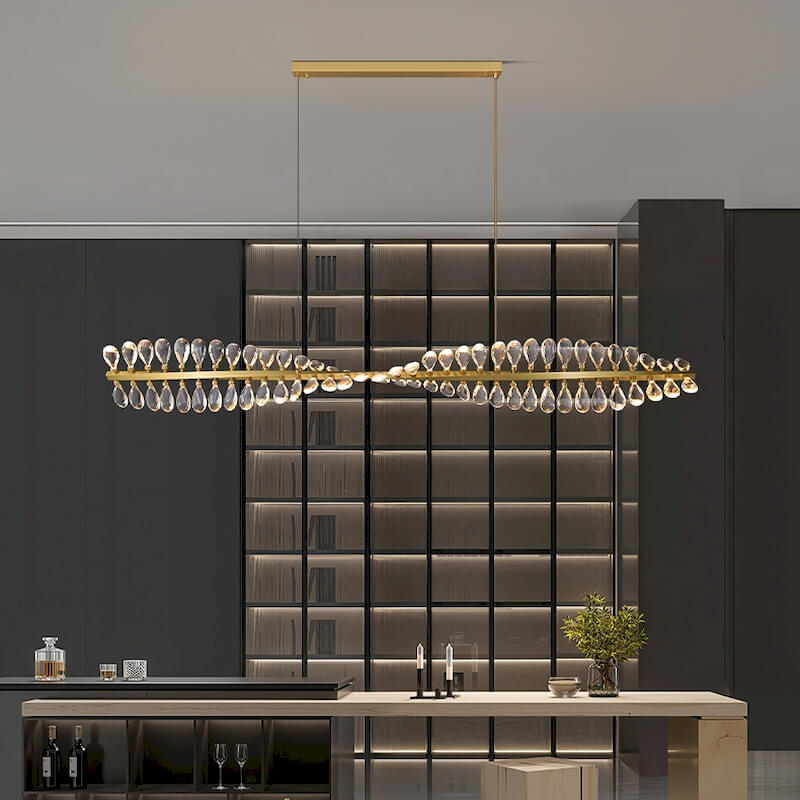 Chromosome Luxurious Modern Chandelier with full-brass body and K9 crystal shade, stepless dimming, inspired by chromosome shape, suitable for dining rooms, living areas, and hotels.