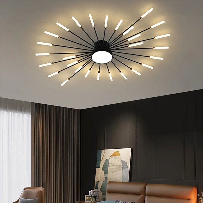 Jusole Lights - Fire Halo ceiling light - sleek black or luxurious golden finishes, with 28 or 42 radiant heads creating a dazzling firework effect on the ceiling.