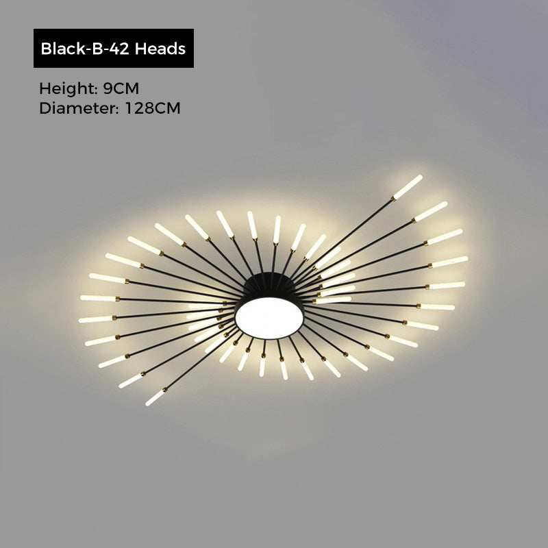 Jusole Lights - Fire Halo ceiling light - sleek black or luxurious golden finishes, with 28 or 42 radiant heads creating a dazzling firework effect on the ceiling.