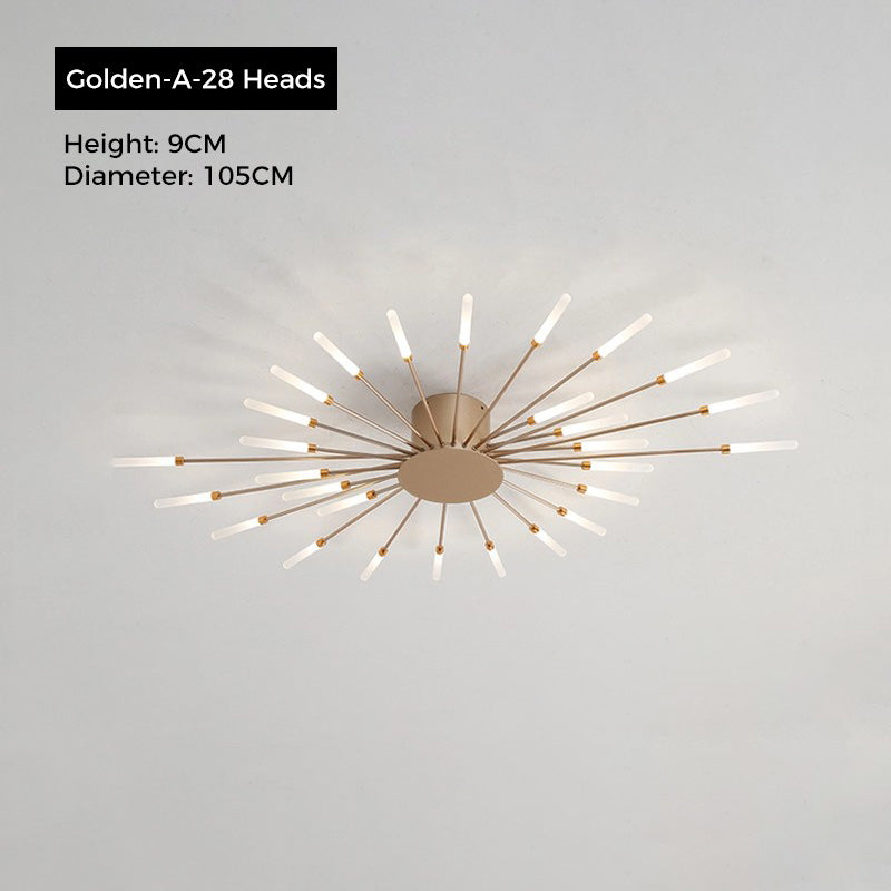 Jusole Lights - Fire Halo ceiling light - sleek black or luxurious golden finishes, with 28 or 42 radiant heads creating a dazzling firework effect on the ceiling.