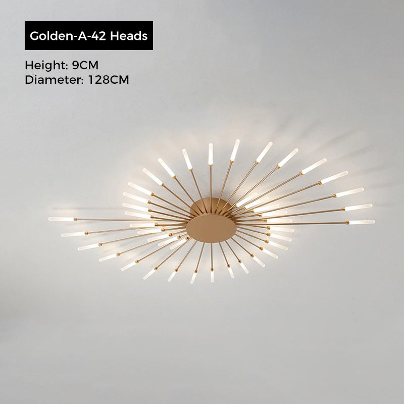 Jusole Lights - Fire Halo ceiling light - sleek black or luxurious golden finishes, with 28 or 42 radiant heads creating a dazzling firework effect on the ceiling.
