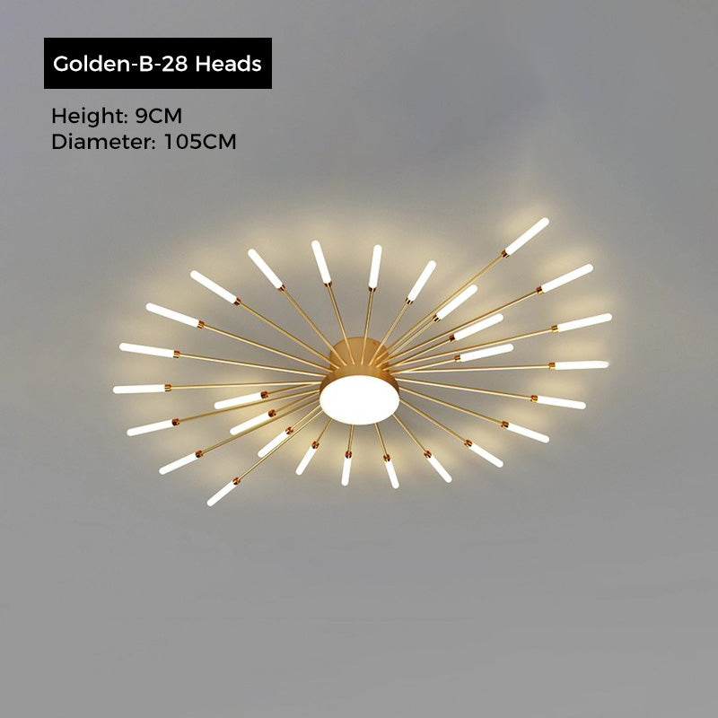 Jusole Lights - Fire Halo ceiling light - sleek black or luxurious golden finishes, with 28 or 42 radiant heads creating a dazzling firework effect on the ceiling.