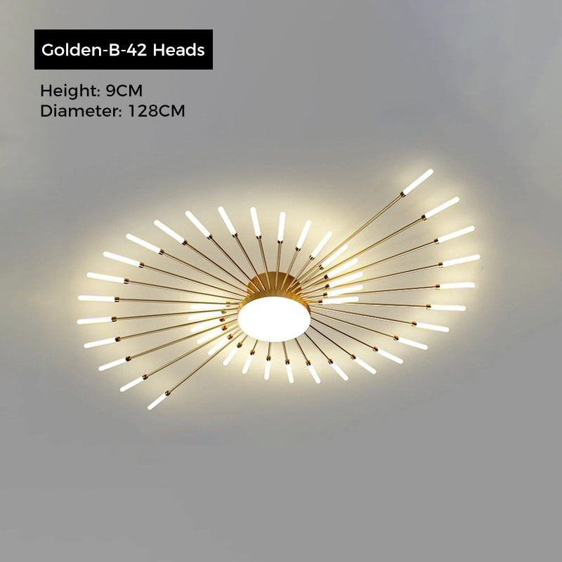 Jusole Lights - Fire Halo ceiling light - sleek black or luxurious golden finishes, with 28 or 42 radiant heads creating a dazzling firework effect on the ceiling.