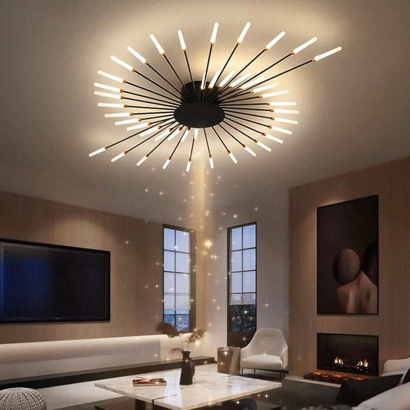 Jusole Lights - Fire Halo ceiling light - sleek black or luxurious golden finishes, with 28 or 42 radiant heads creating a dazzling firework effect on the ceiling.