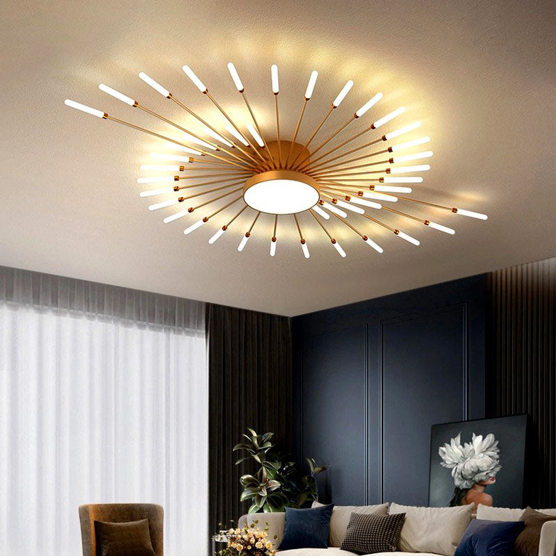 Jusole Lights - Fire Halo ceiling light - sleek black or luxurious golden finishes, with 28 or 42 radiant heads creating a dazzling firework effect on the ceiling.