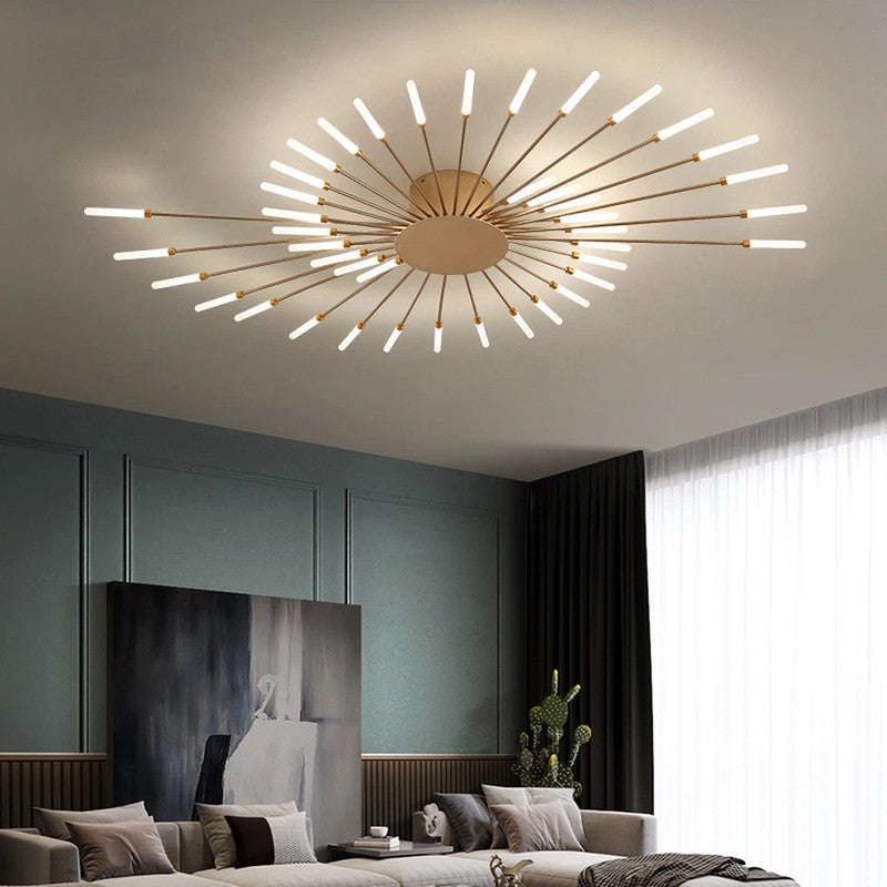 Jusole Lights - Fire Halo ceiling light - sleek black or luxurious golden finishes, with 28 or 42 radiant heads creating a dazzling firework effect on the ceiling.