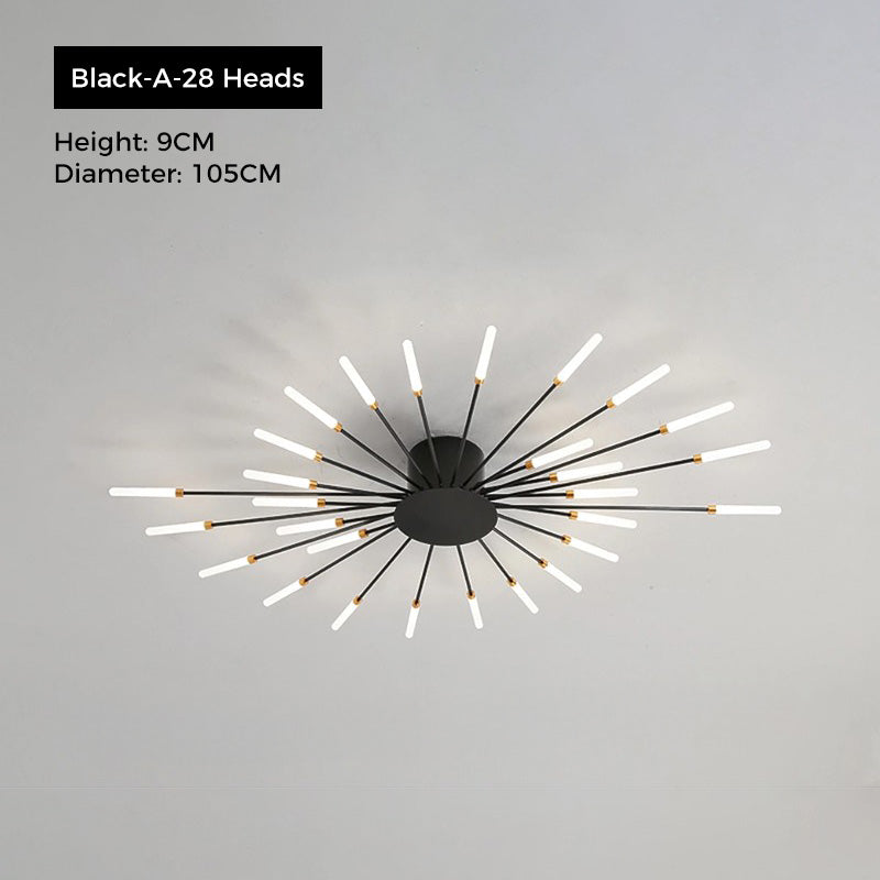 Jusole Lights - Fire Halo ceiling light - sleek black or luxurious golden finishes, with 28 or 42 radiant heads creating a dazzling firework effect on the ceiling.