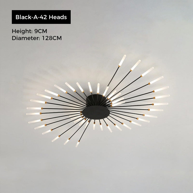 Jusole Lights - Fire Halo ceiling light - sleek black or luxurious golden finishes, with 28 or 42 radiant heads creating a dazzling firework effect on the ceiling.