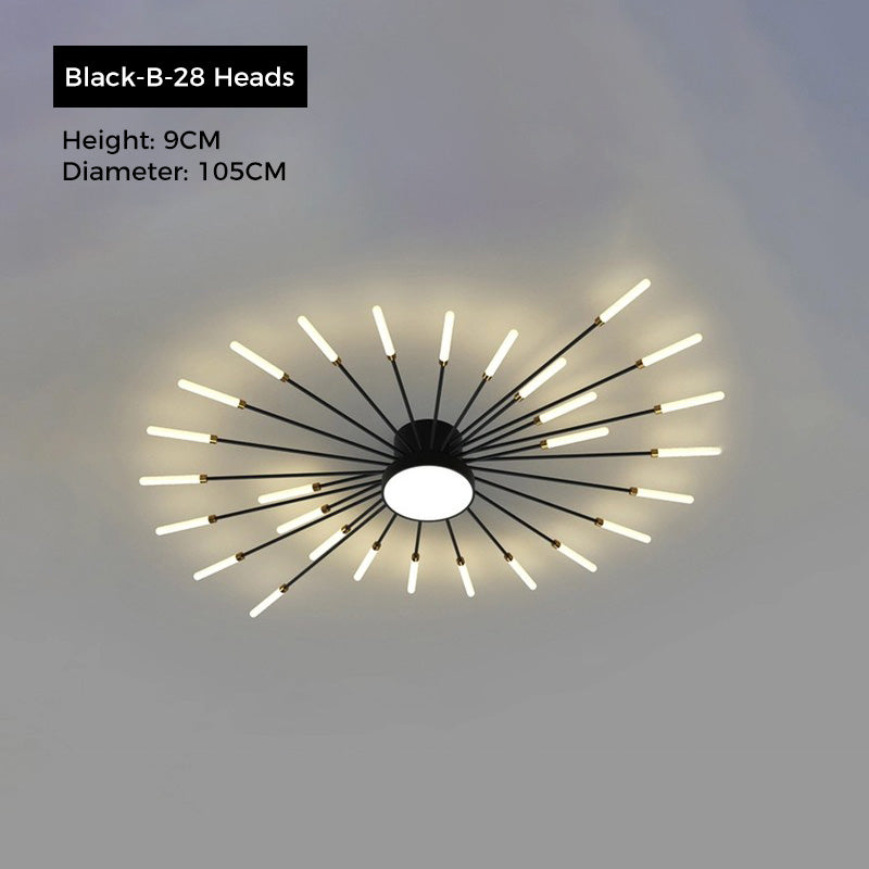 Jusole Lights - Fire Halo ceiling light - sleek black or luxurious golden finishes, with 28 or 42 radiant heads creating a dazzling firework effect on the ceiling.