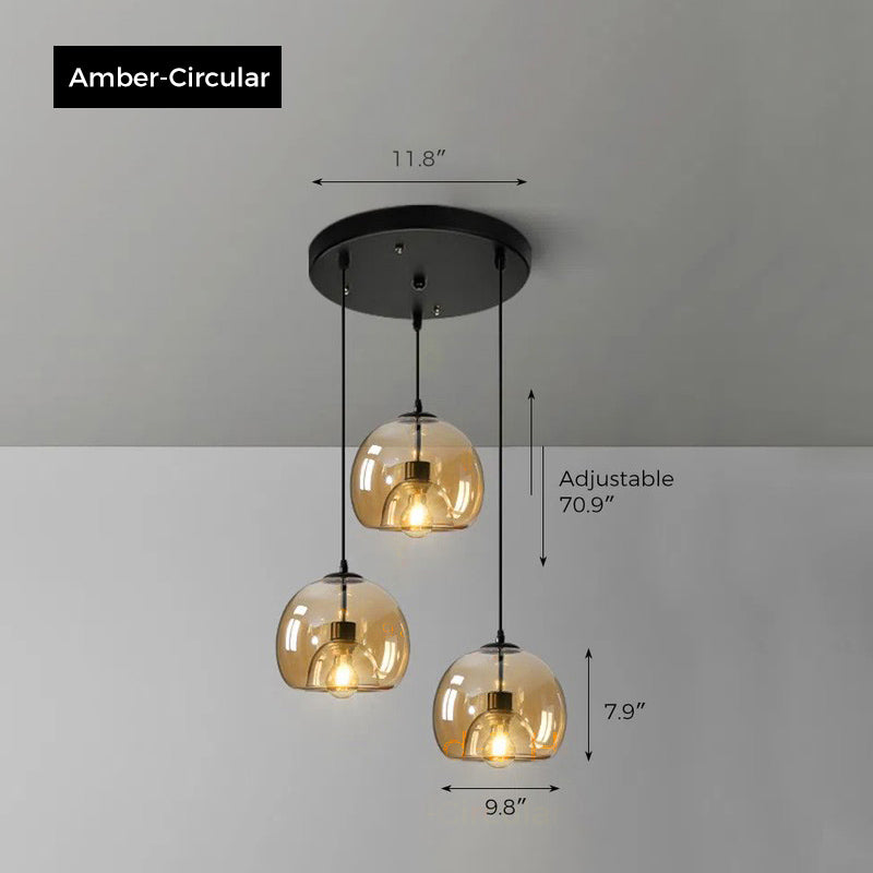 Jusole Lights - Glimmer - three-head pendant light in circular cluster or linear bar style, with gray, amber, or clear glass shades and warm or cool E27 LED illumination.