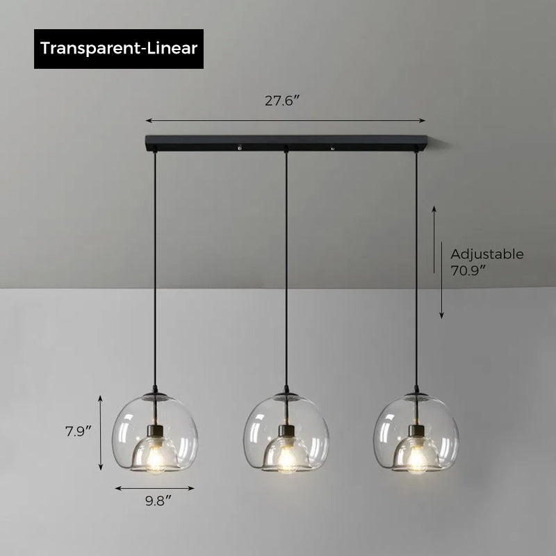 Jusole Lights - Glimmer - three-head pendant light in circular cluster or linear bar style, with gray, amber, or clear glass shades and warm or cool E27 LED illumination.