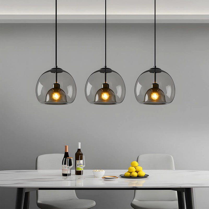 Jusole Lights - Glimmer - three-head pendant light in circular cluster or linear bar style, with gray, amber, or clear glass shades and warm or cool E27 LED illumination.