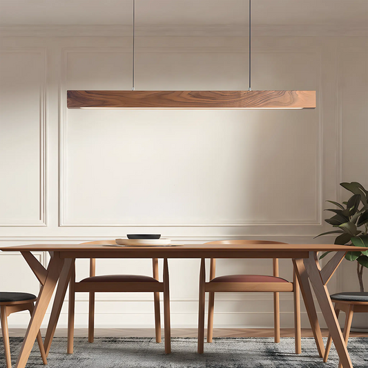 Luster pendant light by Jusole Lights – a high-power LED fixture crafted from white ash and walnut wood. Features flicker-free lighting (cool/warm/neutral tones) and 200cm adjustable cable. Perfect for modern offices, dining areas, and conference rooms.
