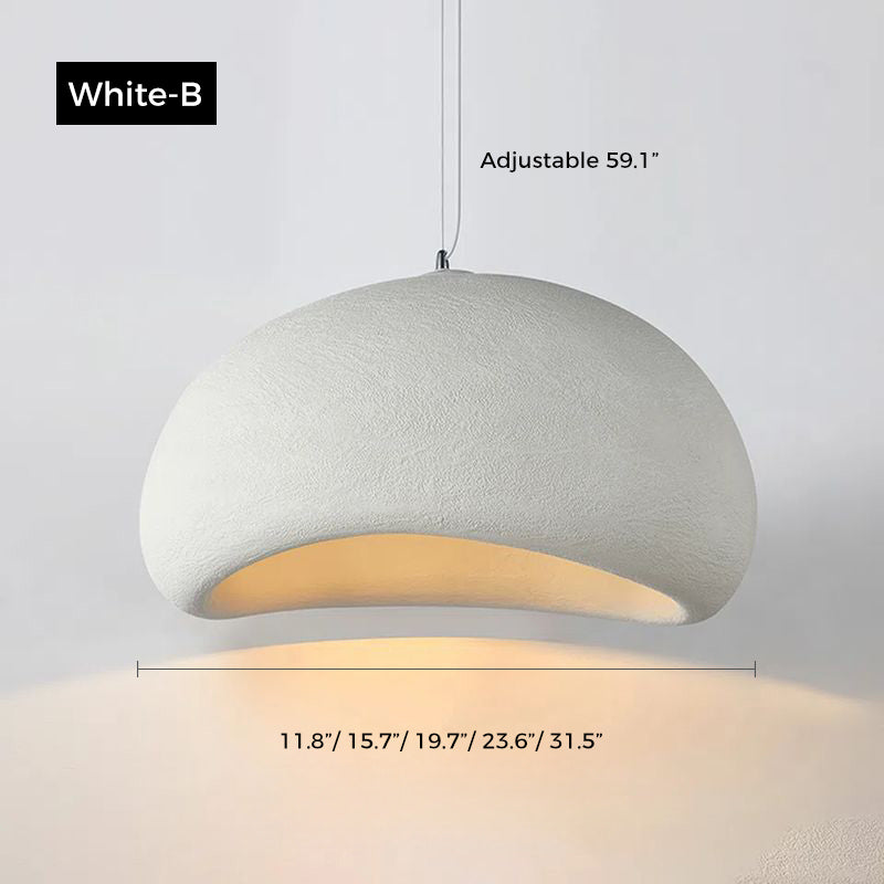 Jusole Lights – Kumo – Wabi-sabi inspired pendant light with handcrafted organic silhouette, available in matte white or gray finish; features textured ceramic-like surface and soft diffused lighting for a serene, minimalist atmosphere.
