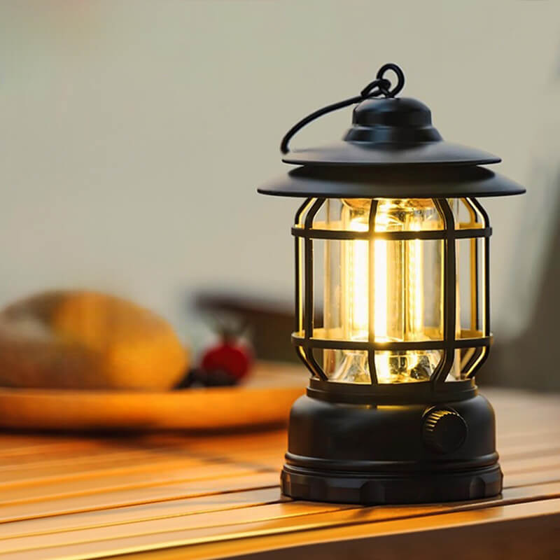 Jusole Lights—Lantern—Vintage-style outdoor camping lantern with stepless dimming, ABS body, glass shade, and IPX5 waterproof design; available in red, green, and black with built-in rechargeable battery and Type-C charging.