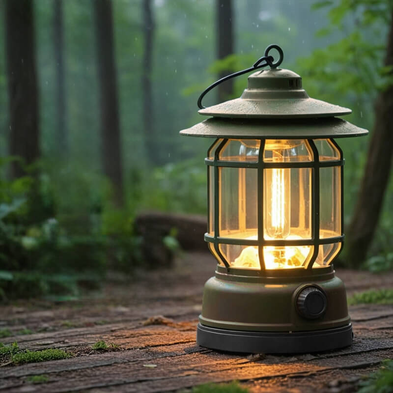 Jusole Lights—Lantern—Vintage-style outdoor camping lantern with stepless dimming, ABS body, glass shade, and IPX5 waterproof design; available in red, green, and black with built-in rechargeable battery and Type-C charging.