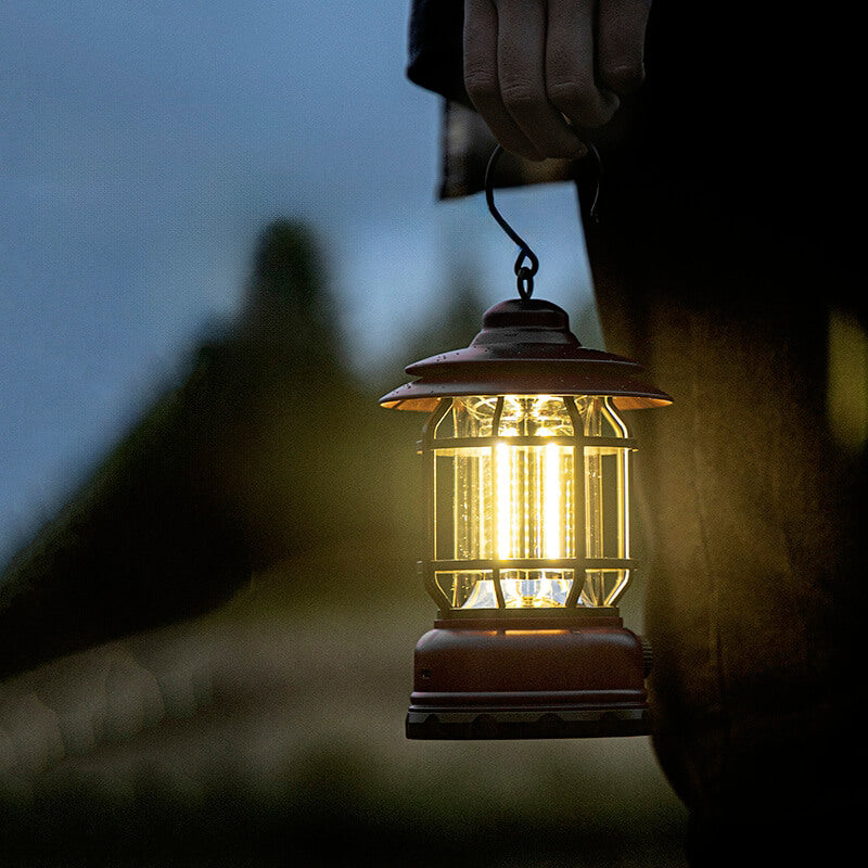 Jusole Lights—Lantern—Vintage-style outdoor camping lantern with stepless dimming, ABS body, glass shade, and IPX5 waterproof design; available in red, green, and black with built-in rechargeable battery and Type-C charging.
