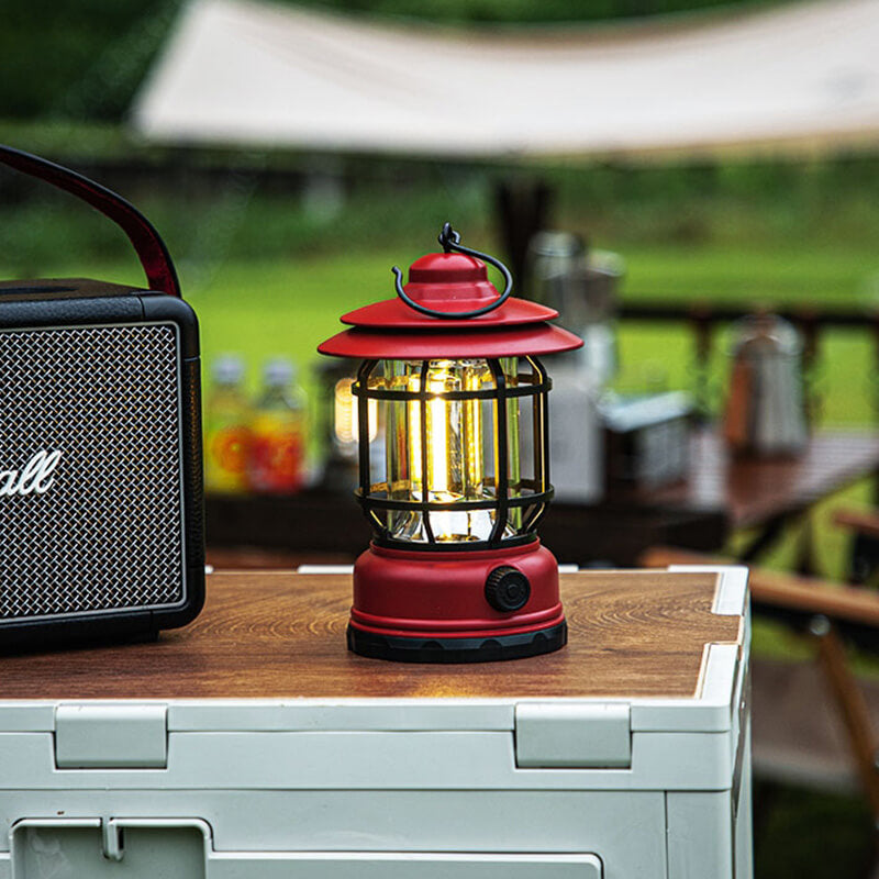 Jusole Lights—Lantern—Vintage-style outdoor camping lantern with stepless dimming, ABS body, glass shade, and IPX5 waterproof design; available in red, green, and black with built-in rechargeable battery and Type-C charging.