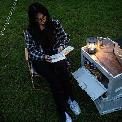 Jusole Lights—Lantern—Vintage-style outdoor camping lantern with stepless dimming, ABS body, glass shade, and IPX5 waterproof design; available in red, green, and black with built-in rechargeable battery and Type-C charging.