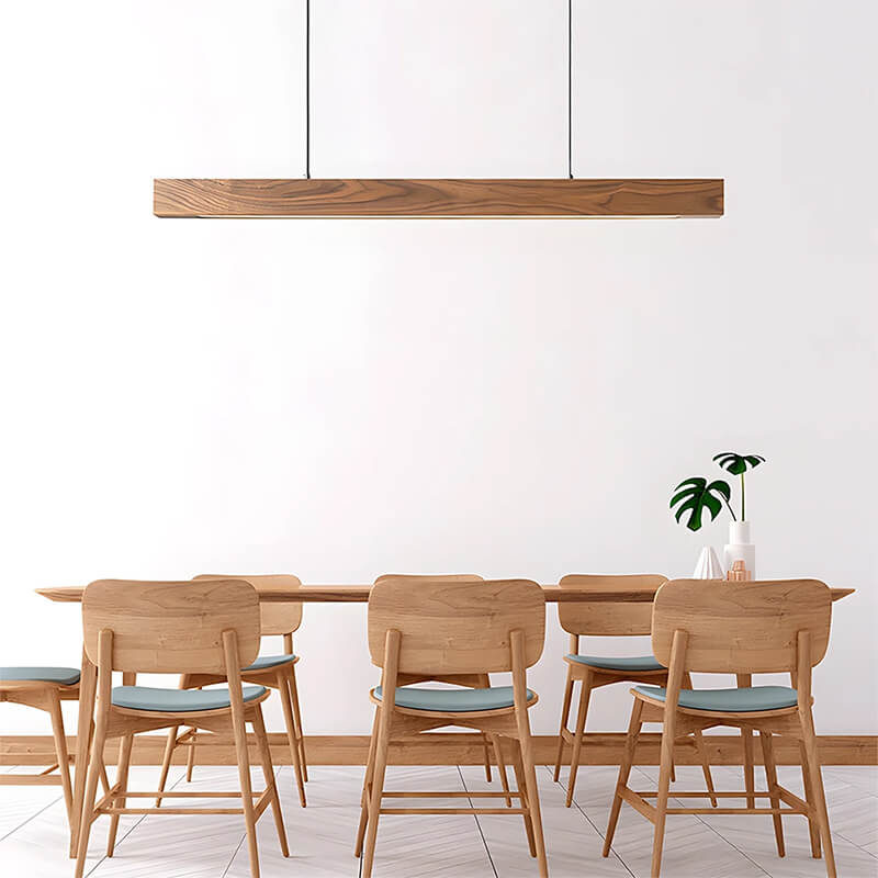 Luster pendant light by Jusole Lights – a high-power LED fixture crafted from white ash and walnut wood. Features flicker-free lighting (cool/warm/neutral tones) and 200cm adjustable cable. Perfect for modern offices, dining areas, and conference rooms.